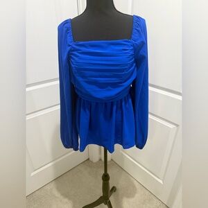 SHEIN Blue Ruched Peplum Long Sleeve Blouse